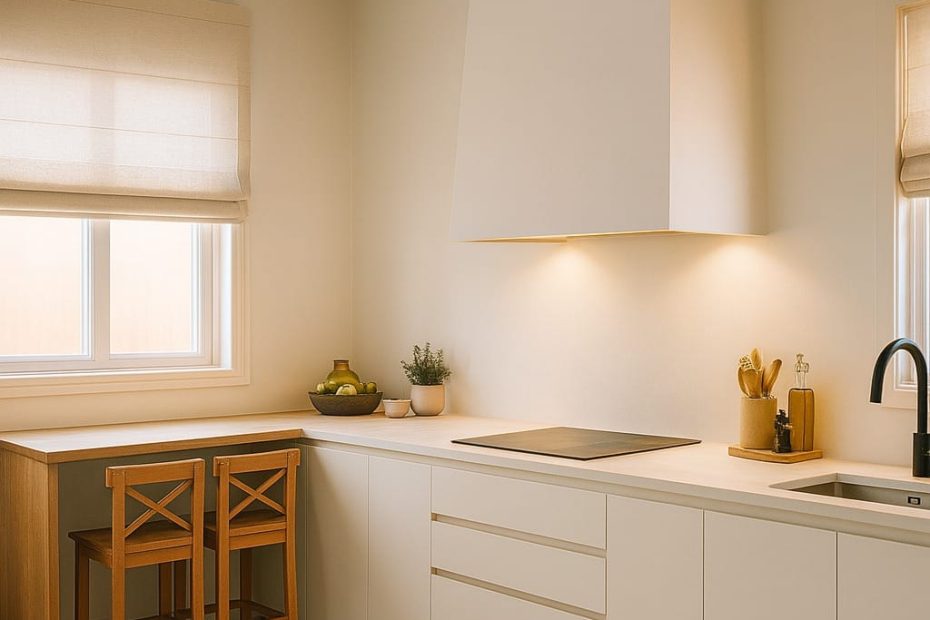 Cocina 2 colores blanco antihuella y barenia con mesa auxiliar de madera
