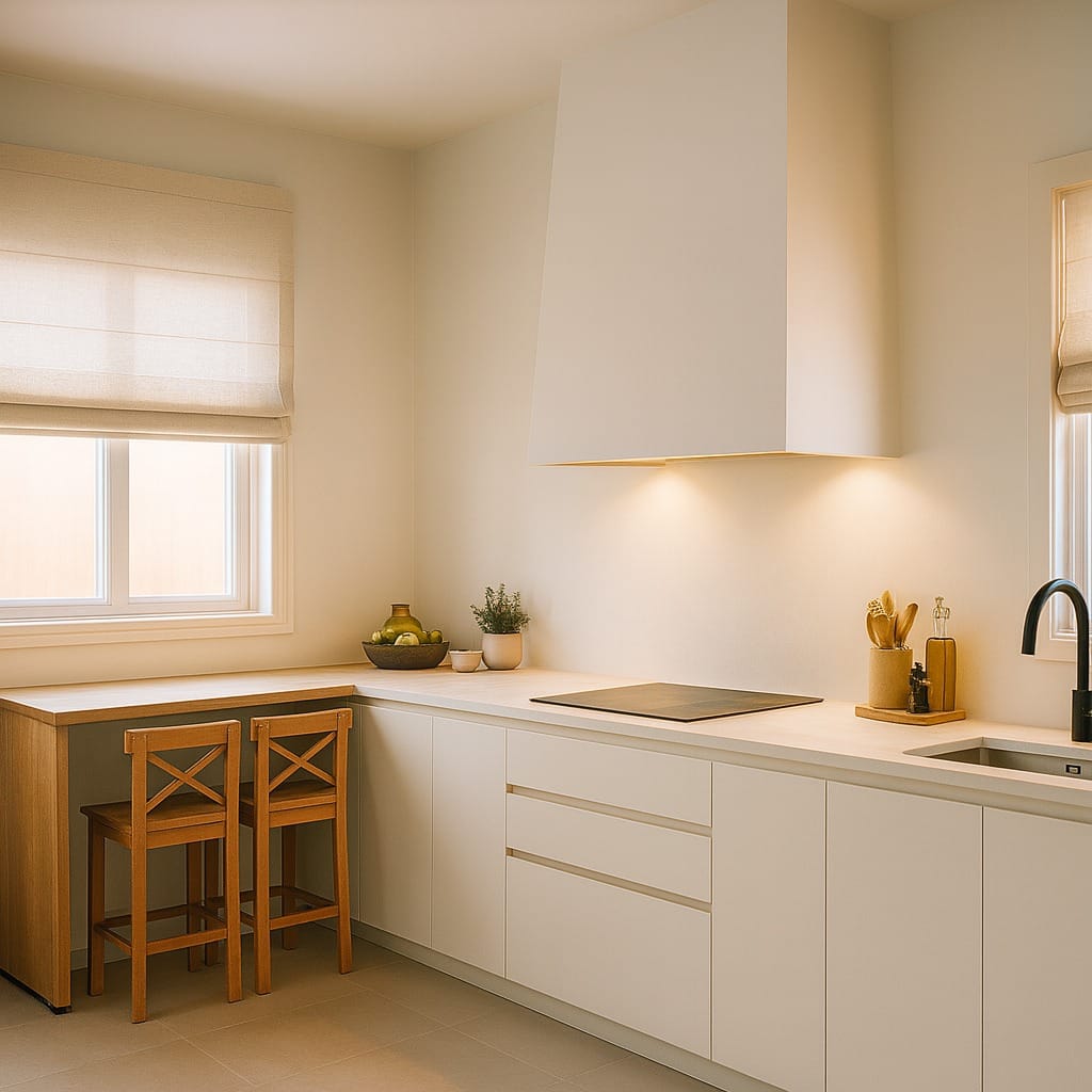 Cocina 2 colores blanco antihuella y barenia con mesa auxiliar de madera