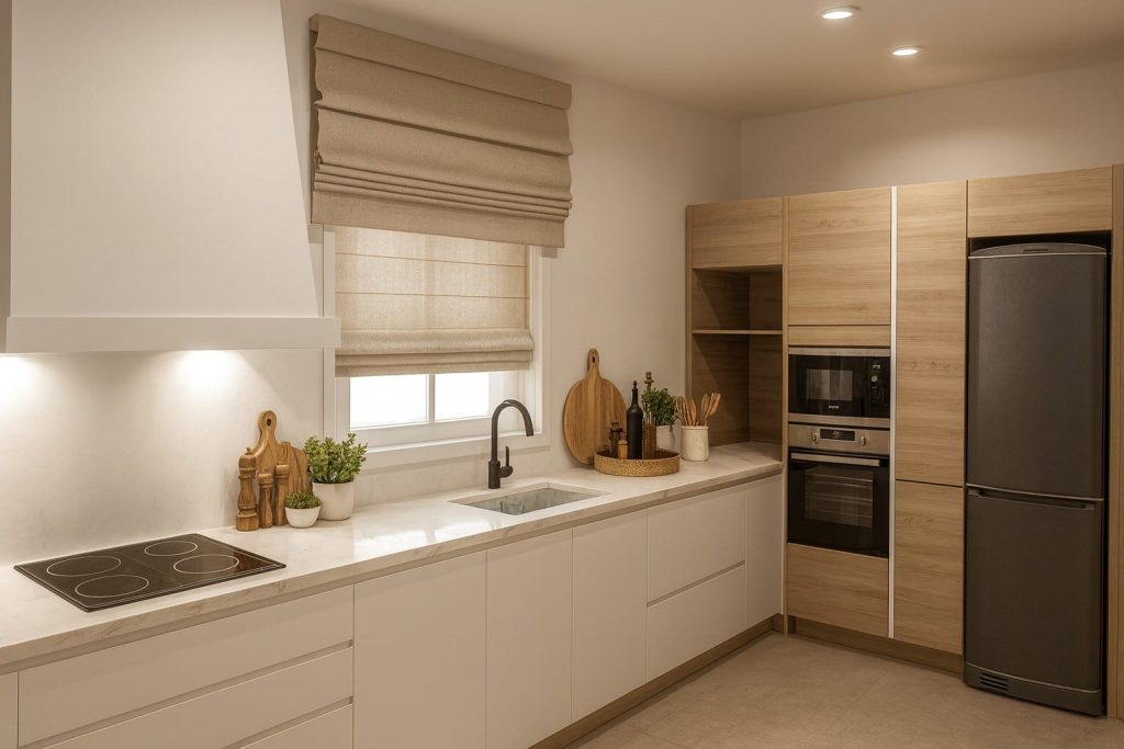 Cocina 2 colores blanco antihuella y barenia con mesa auxiliar de madera